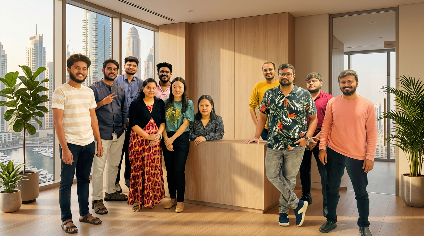 The Digital Growthify team with a Dubai-style office background